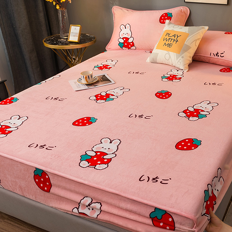 草莓清新粉100% 牛奶絨雙面防水 加厚柔軟床包床單
