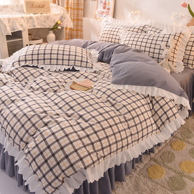 日式網格100%精梳棉被套床裙四件組