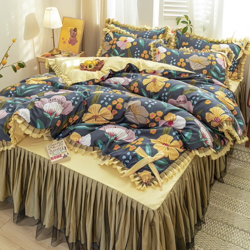 四季款純棉 清新印花雙層蕾絲床裙 彩色花邊四件組