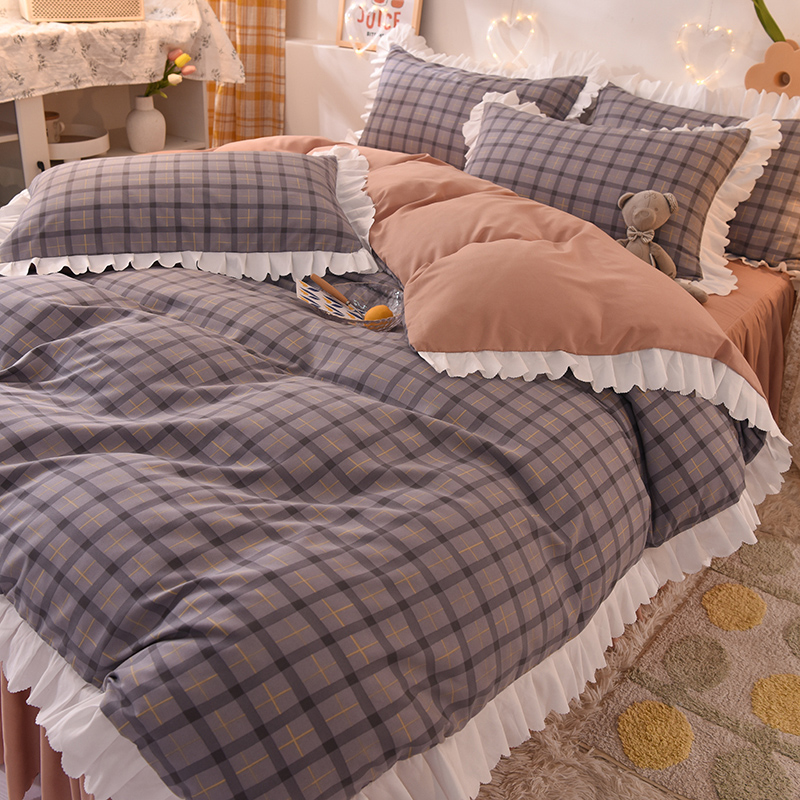 日式網格100%精梳棉被套床裙四件組