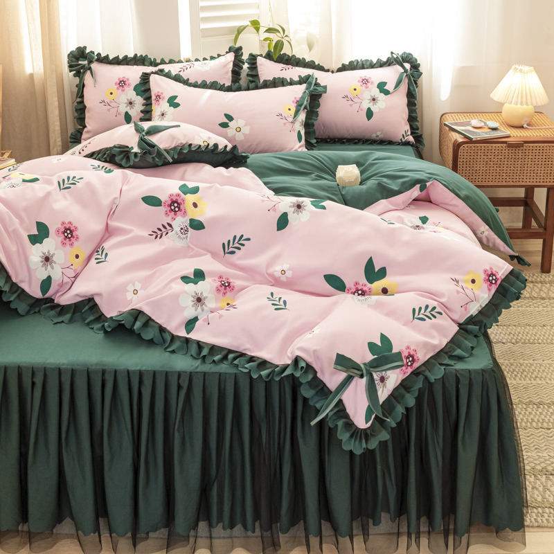 四季款純棉 清新印花雙層蕾絲床裙 彩色花邊四件組