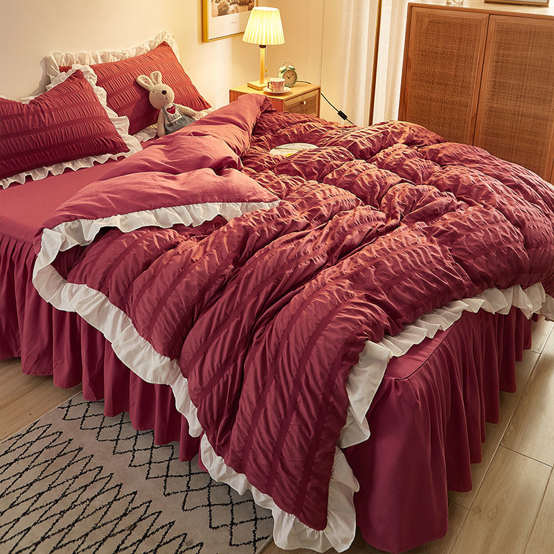 泡芙小姐 純色馬卡龍 ins風 花邊床裙 四件組