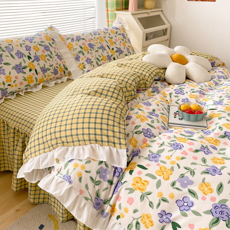 ins少女心純色皺褶花邊款親膚床裙床單四件組