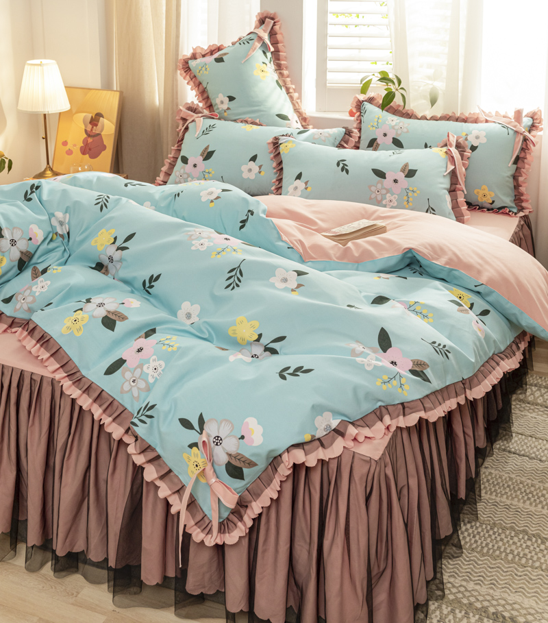 四季款純棉 清新印花雙層蕾絲床裙 彩色花邊四件組