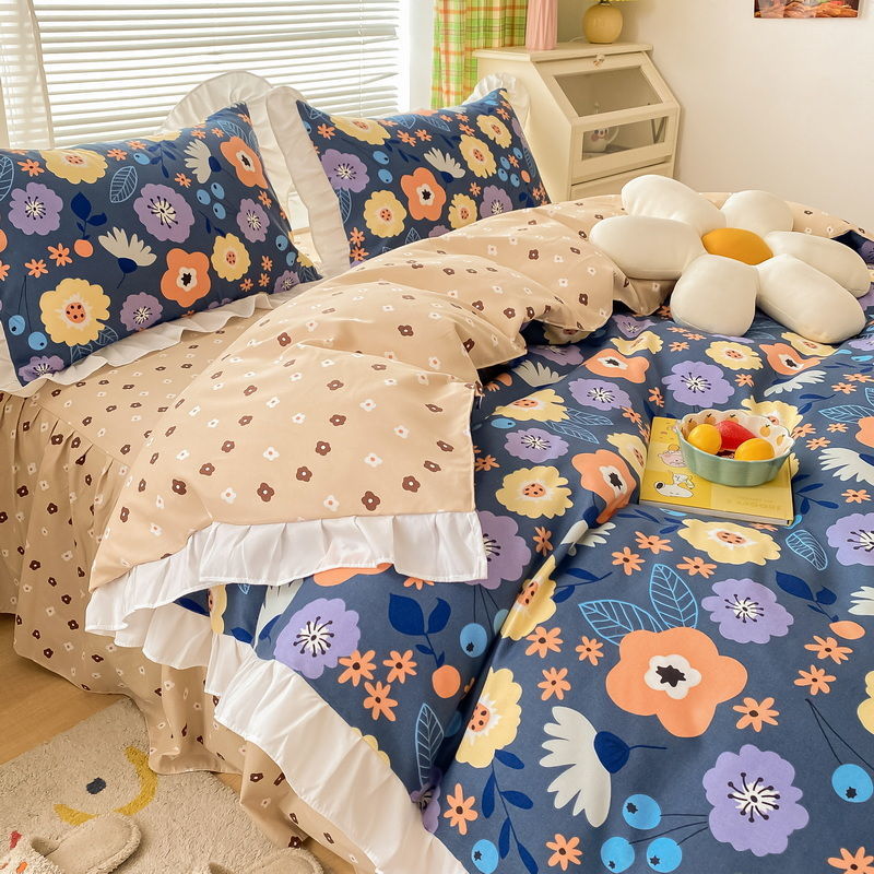 ins少女心純色皺褶花邊款親膚床裙床單四件組