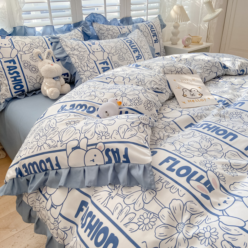 法式赫本風黑白素描大花山茶花 純色花邊 100%純棉四件組