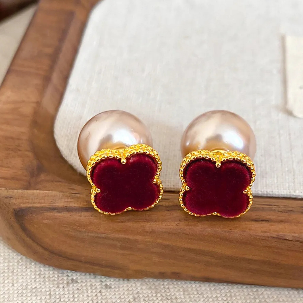 植絨紅四葉草珍珠耳環