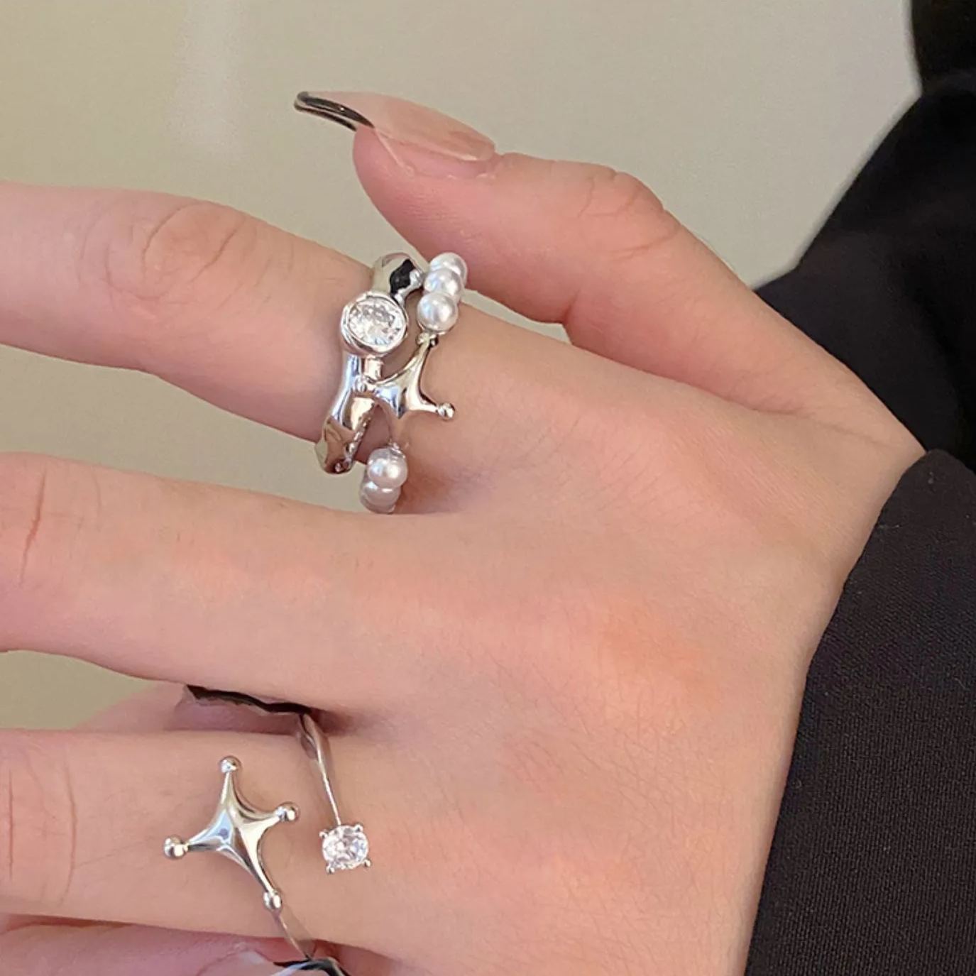 珍珠帶鑽流星戒指兩件套