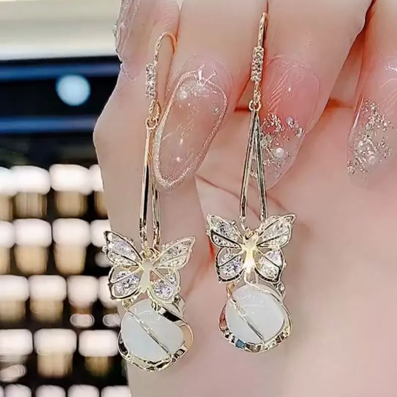 日韓蝴蝶貓眼石耳環