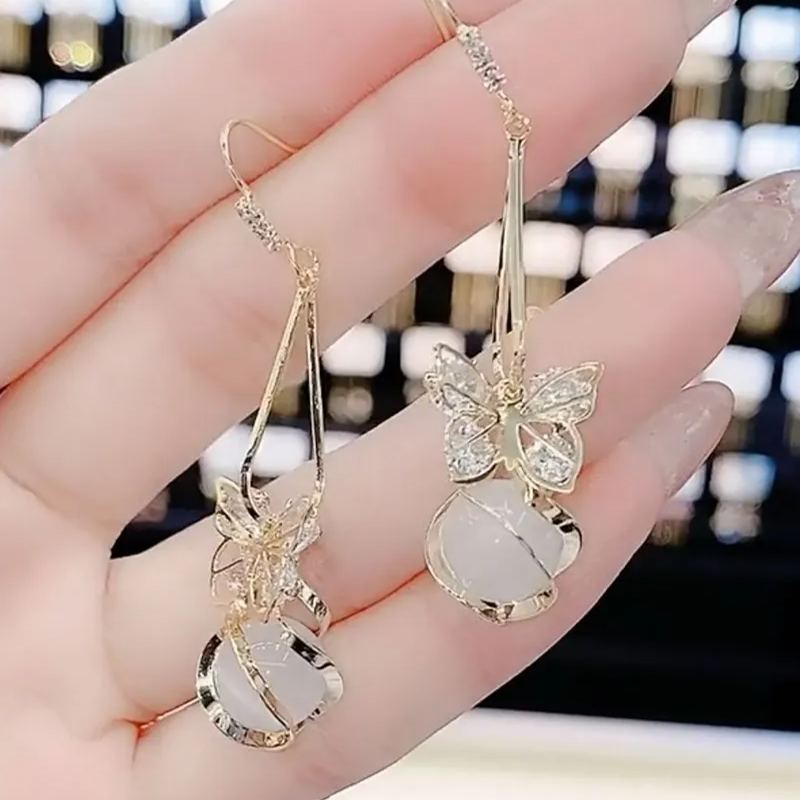 日韓蝴蝶貓眼石耳環