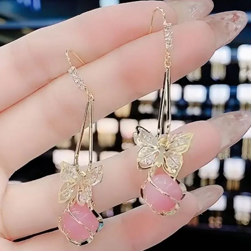 日韓蝴蝶貓眼石耳環