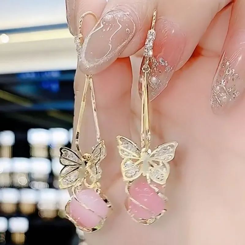 日韓蝴蝶貓眼石耳環