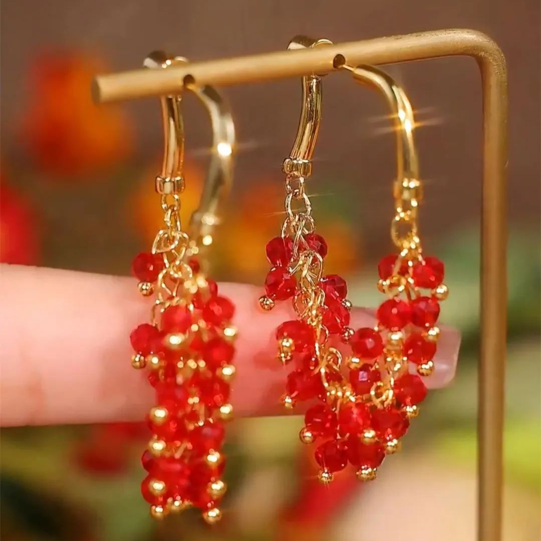 設計感紅色串珠流蘇耳環