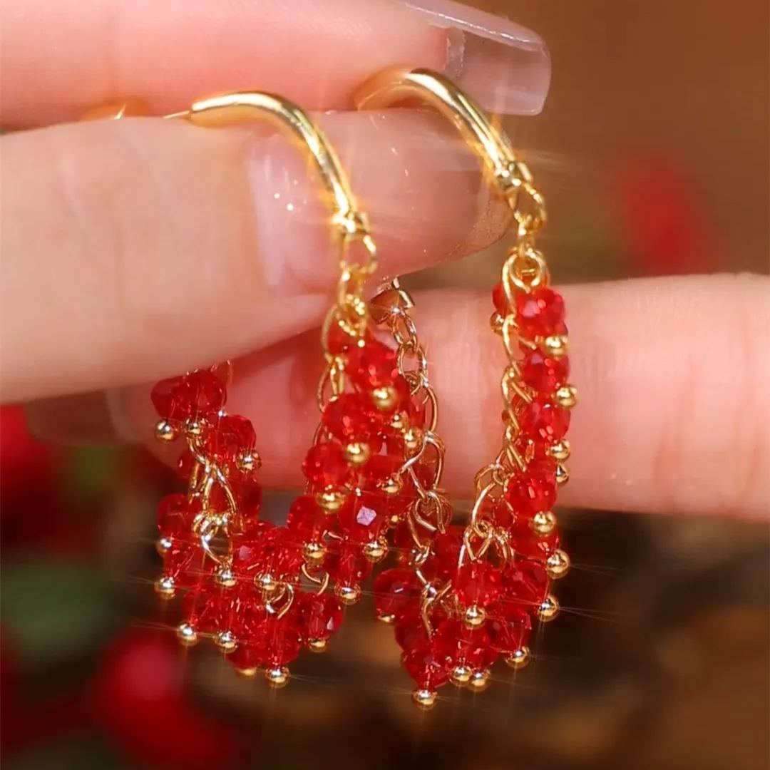 設計感紅色串珠流蘇耳環