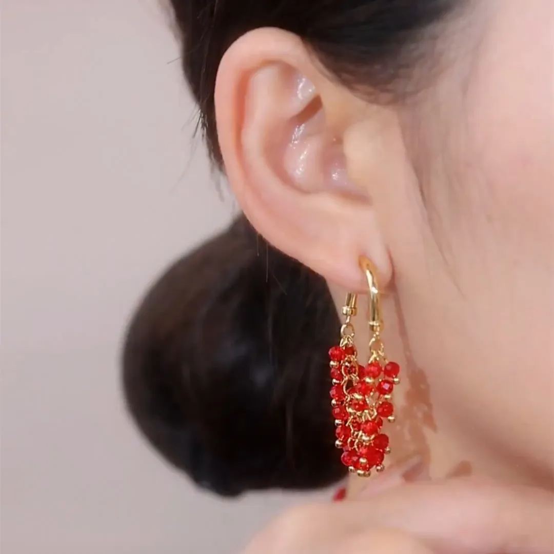 設計感紅色串珠流蘇耳環