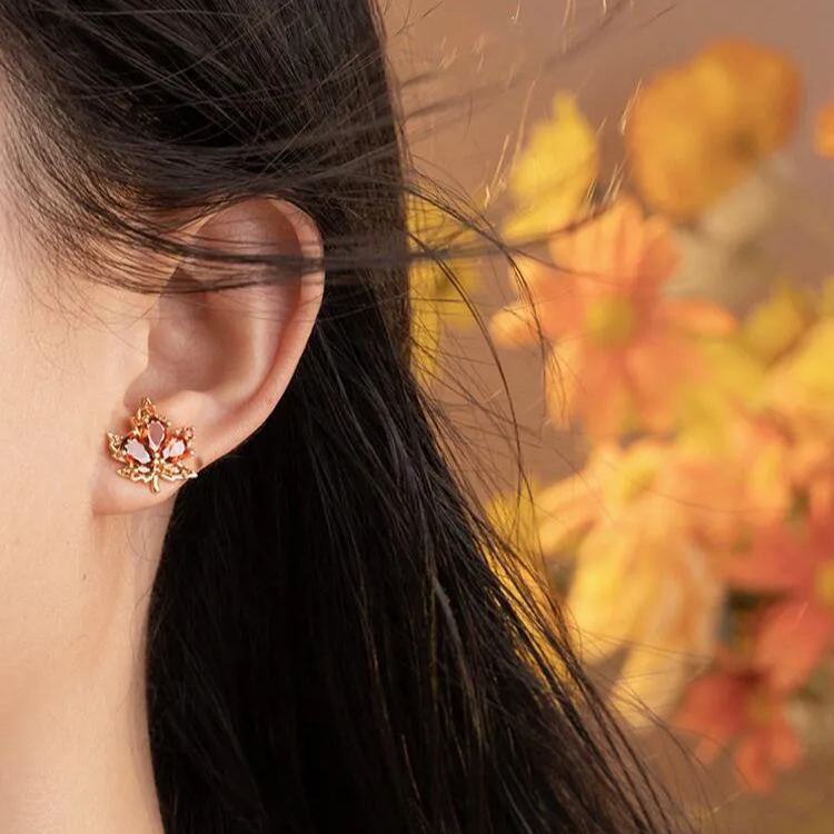 紅色水晶楓葉耳環 