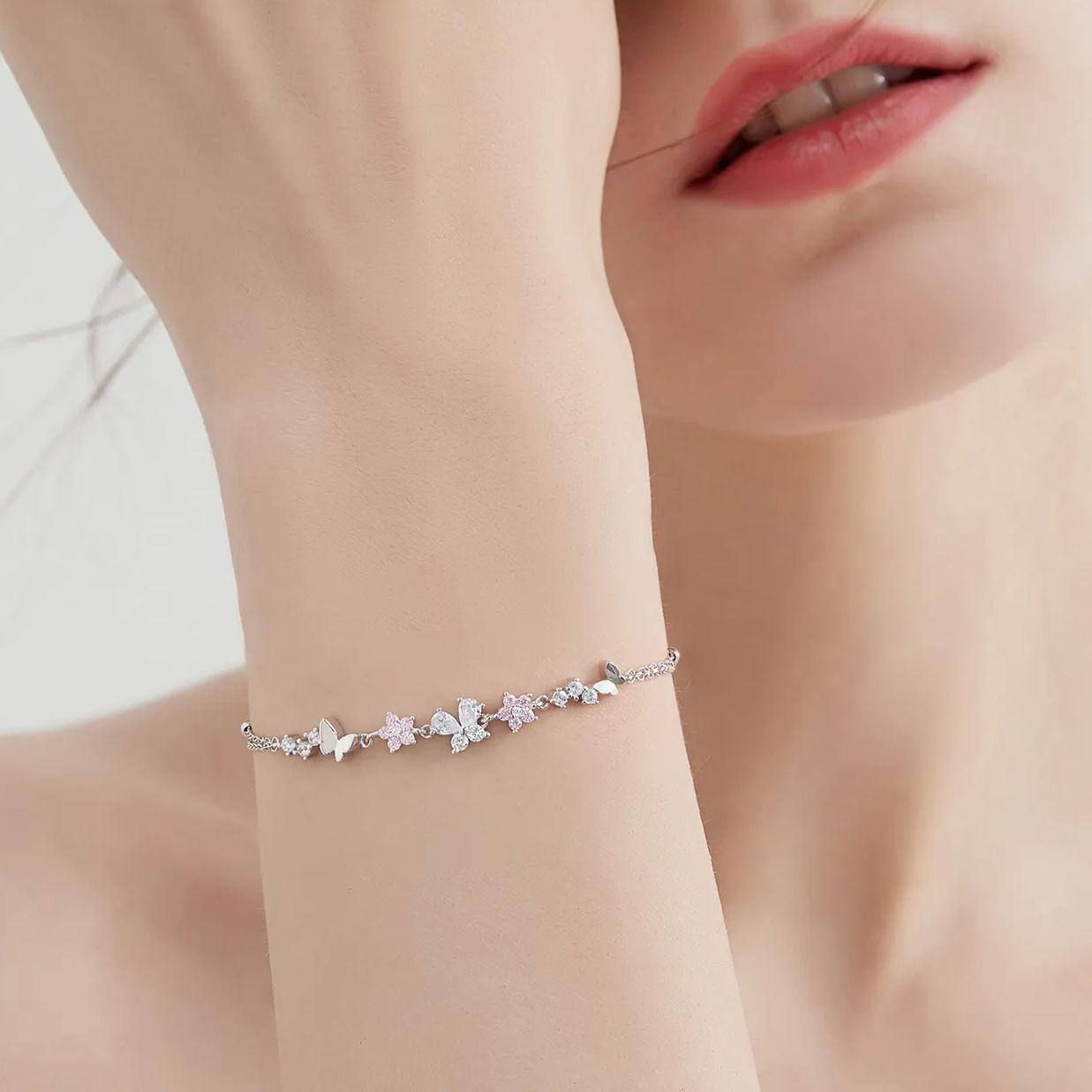 雙層花朵蝴蝶S925銀手鍊