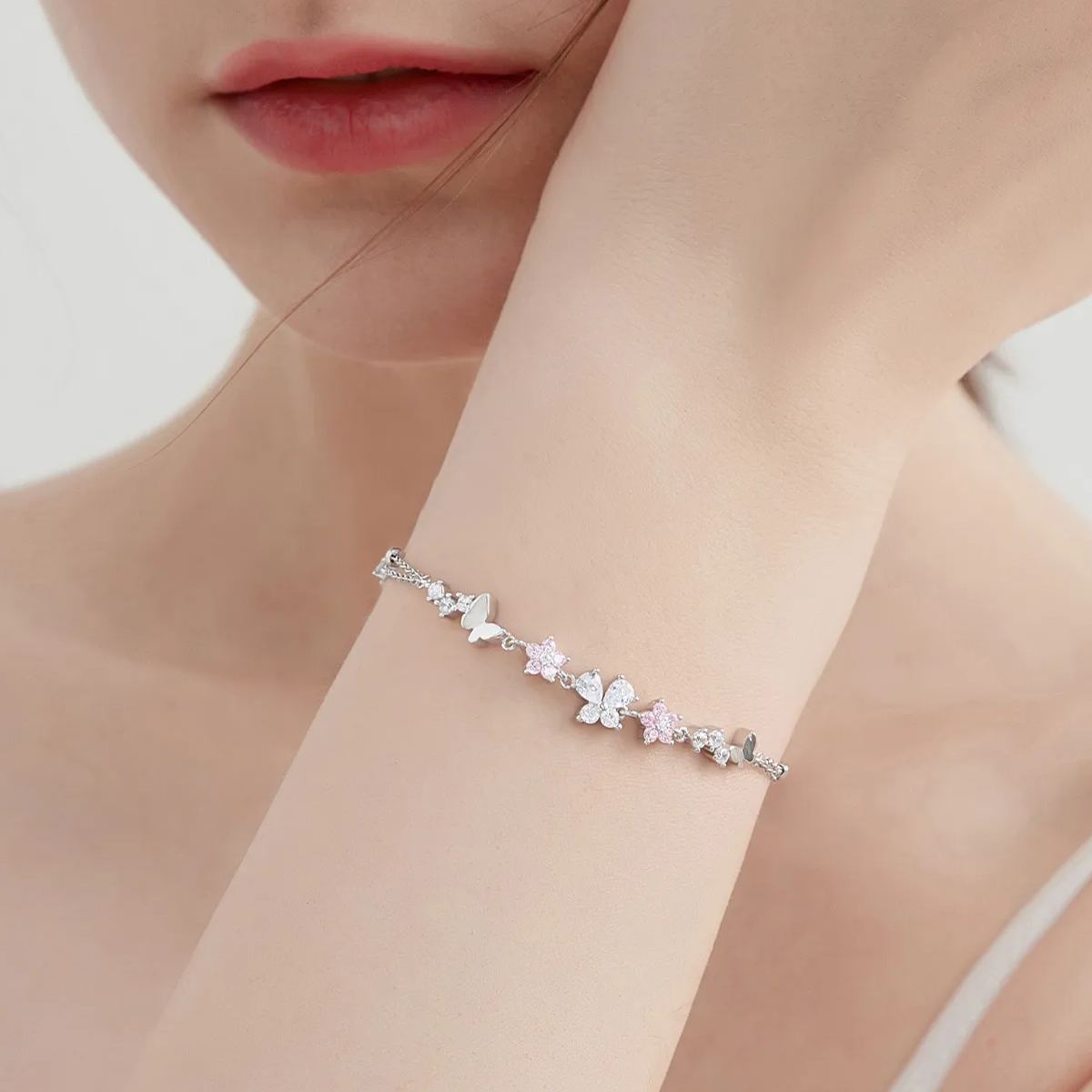 雙層花朵蝴蝶S925銀手鍊