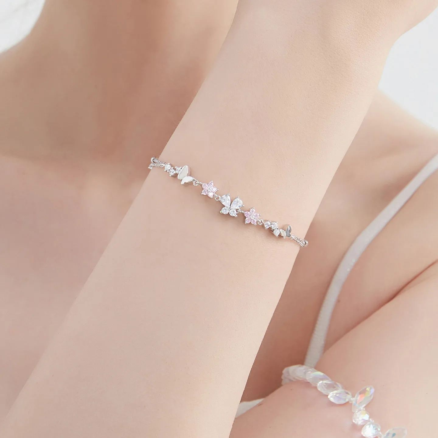 雙層花朵蝴蝶S925銀手鍊