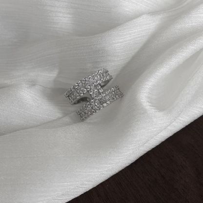 爆閃H字母排鑽銀色開口戒指