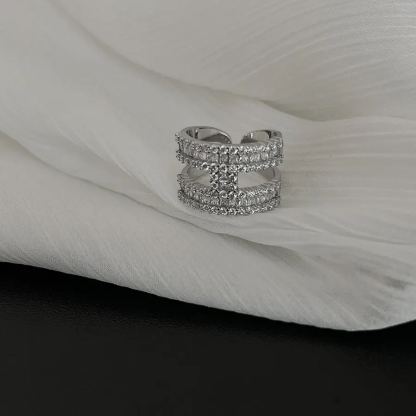 爆閃H字母排鑽銀色開口戒指