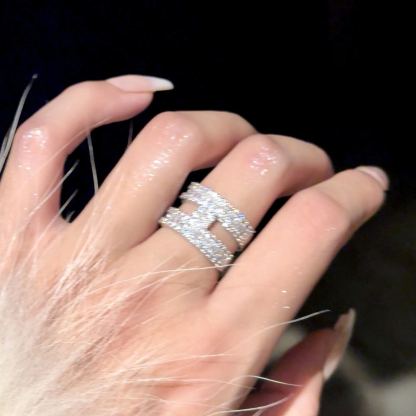 爆閃H字母排鑽銀色開口戒指