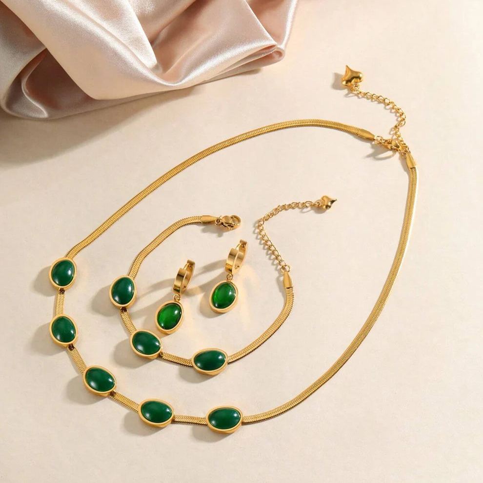 復古幾何祖母綠項錬套裝