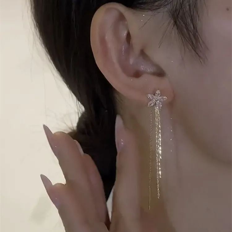 [Copy]香檳色鑲鑽珍珠長款耳環