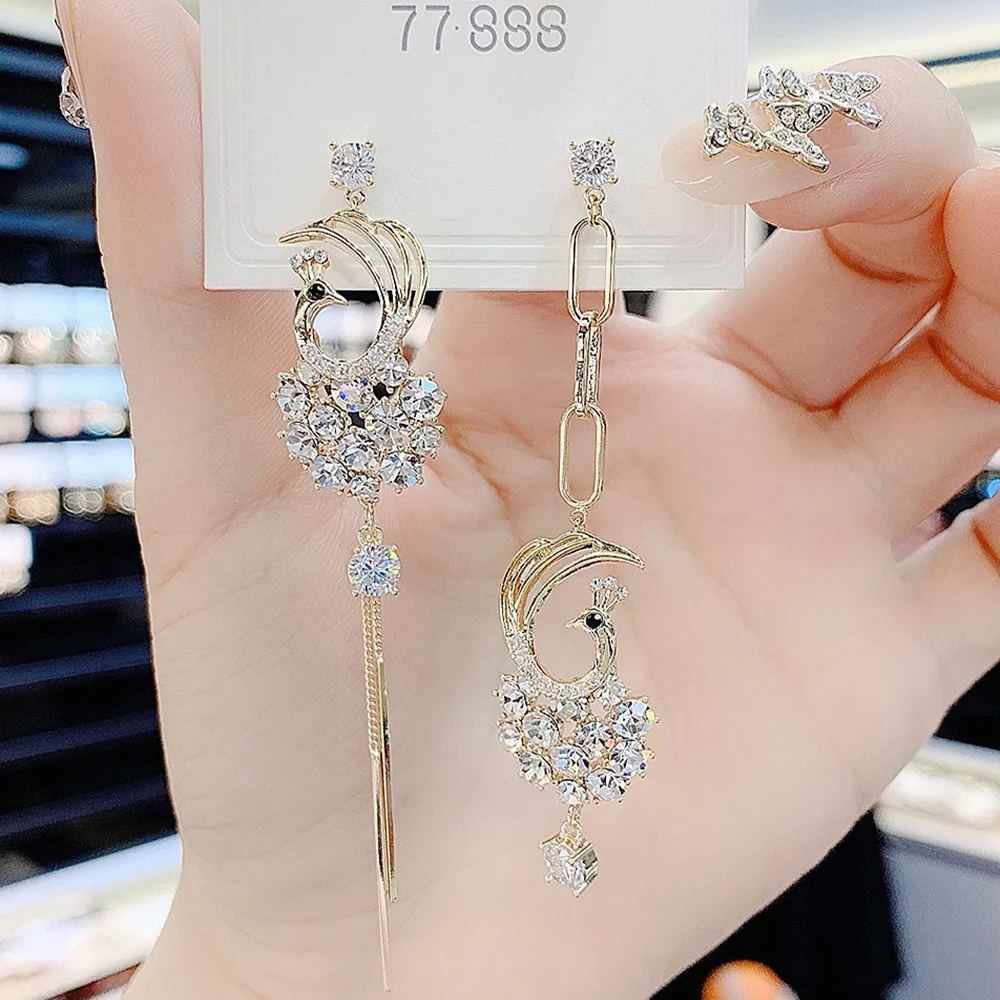 韓版AB款滿鑽鳳凰流蘇耳環