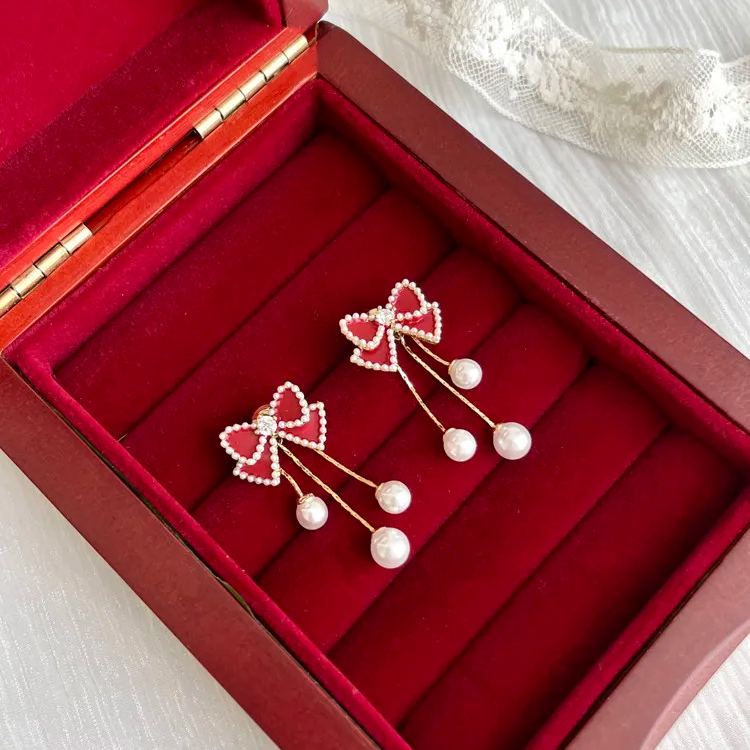 紅色蝴蝶結珍珠流蘇耳環