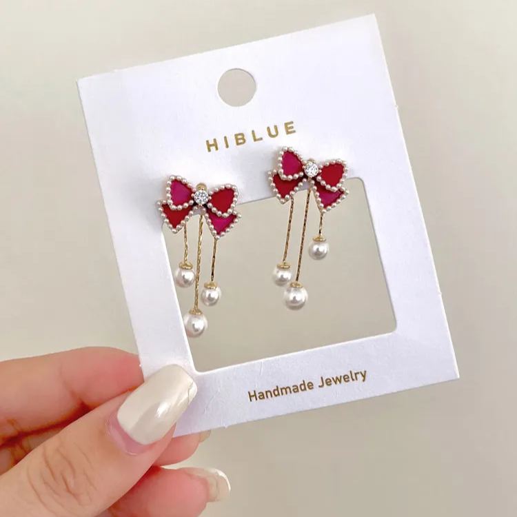 紅色蝴蝶結珍珠流蘇耳環