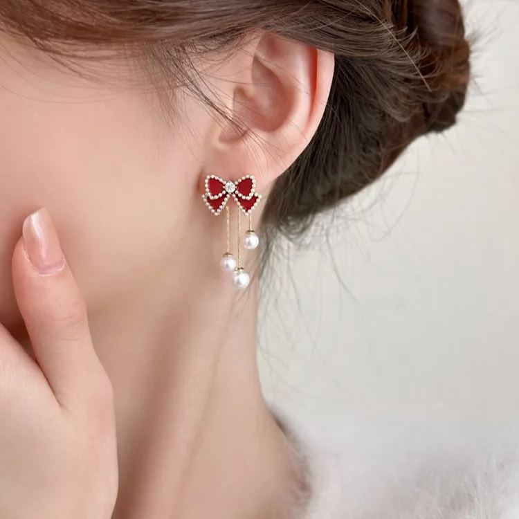 紅色蝴蝶結珍珠流蘇耳環
