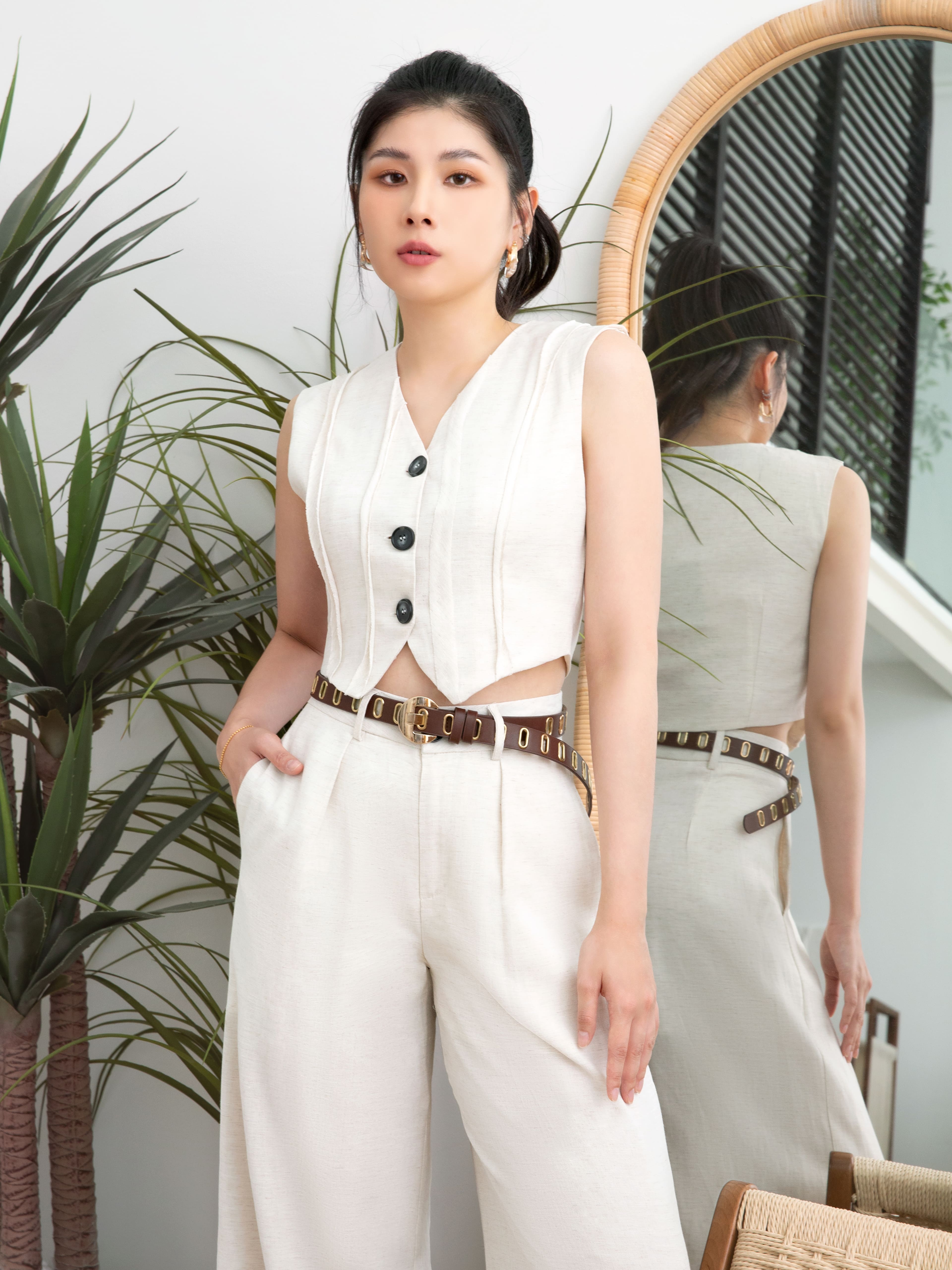 Sleeveless With Front Button Top With Long Pant Set AC723