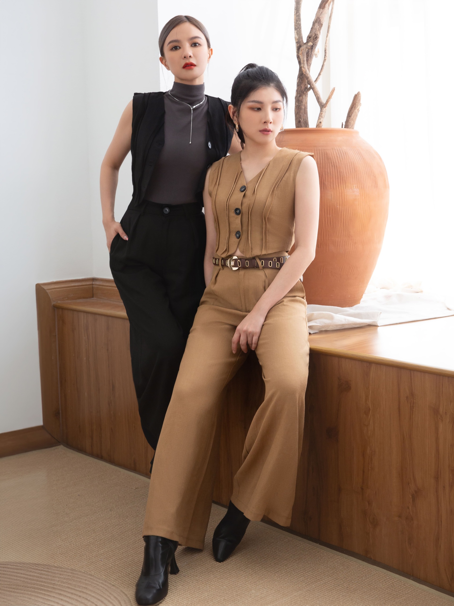 Sleeveless With Front Button Top With Long Pant Set AC723