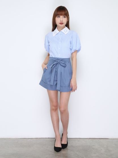 Lace Collar Front Button And Short Pant With Belt Set 20284