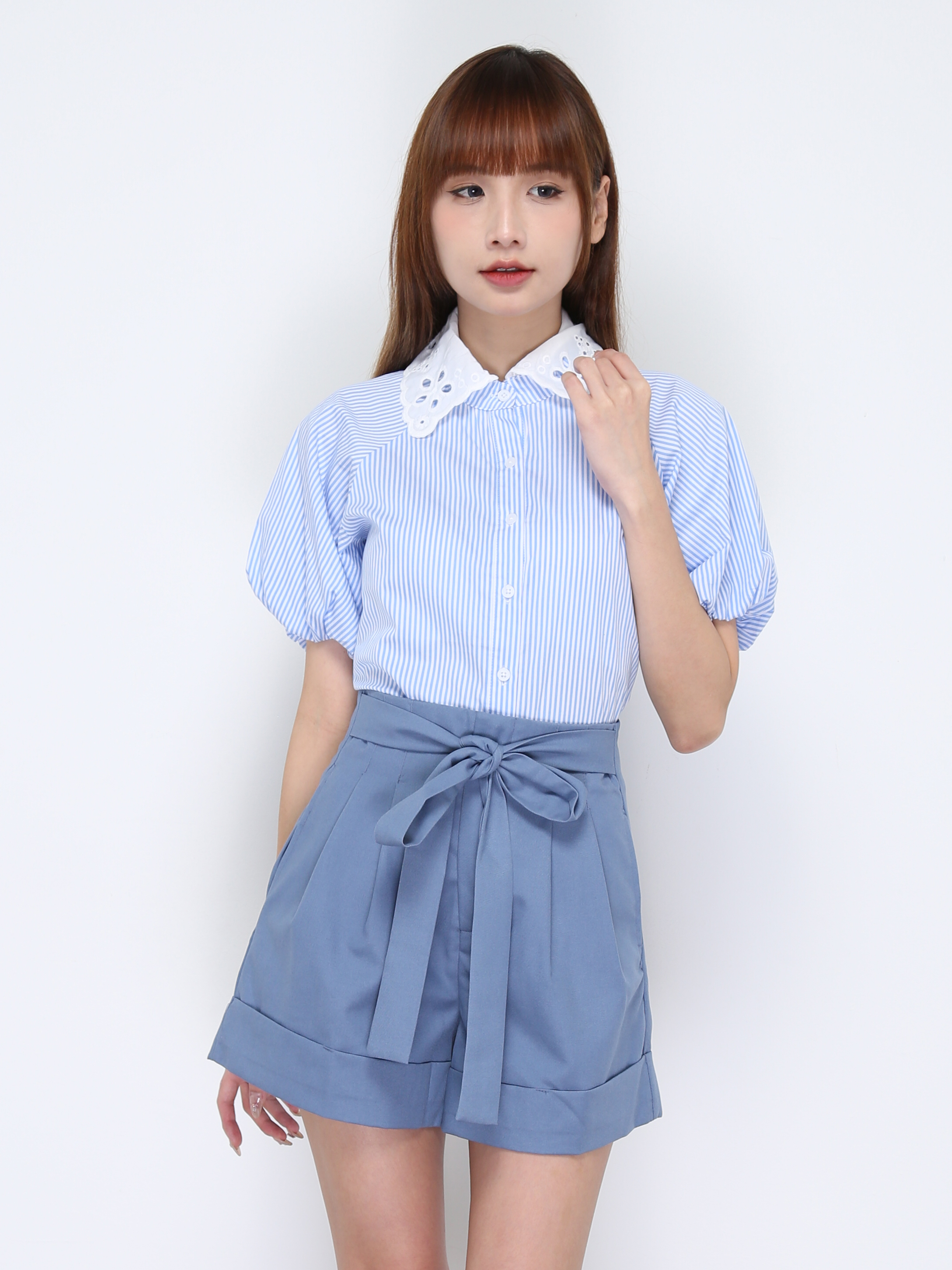 Lace Collar Front Button And Short Pant With Belt Set 20284