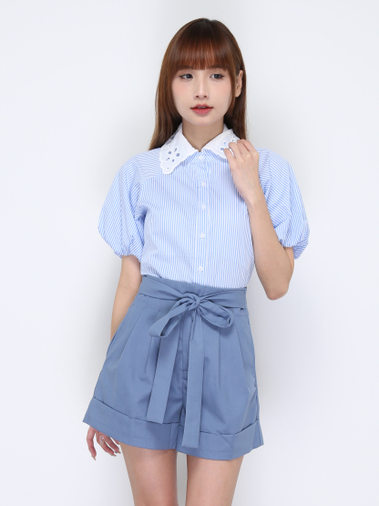 Lace Collar Front Button And Short Pant With Belt Set 20284