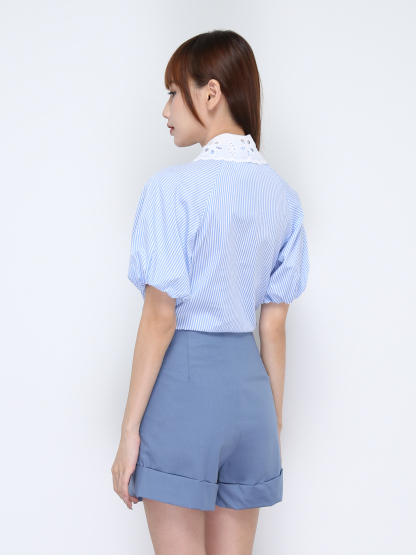 Lace Collar Front Button And Short Pant With Belt Set 20284