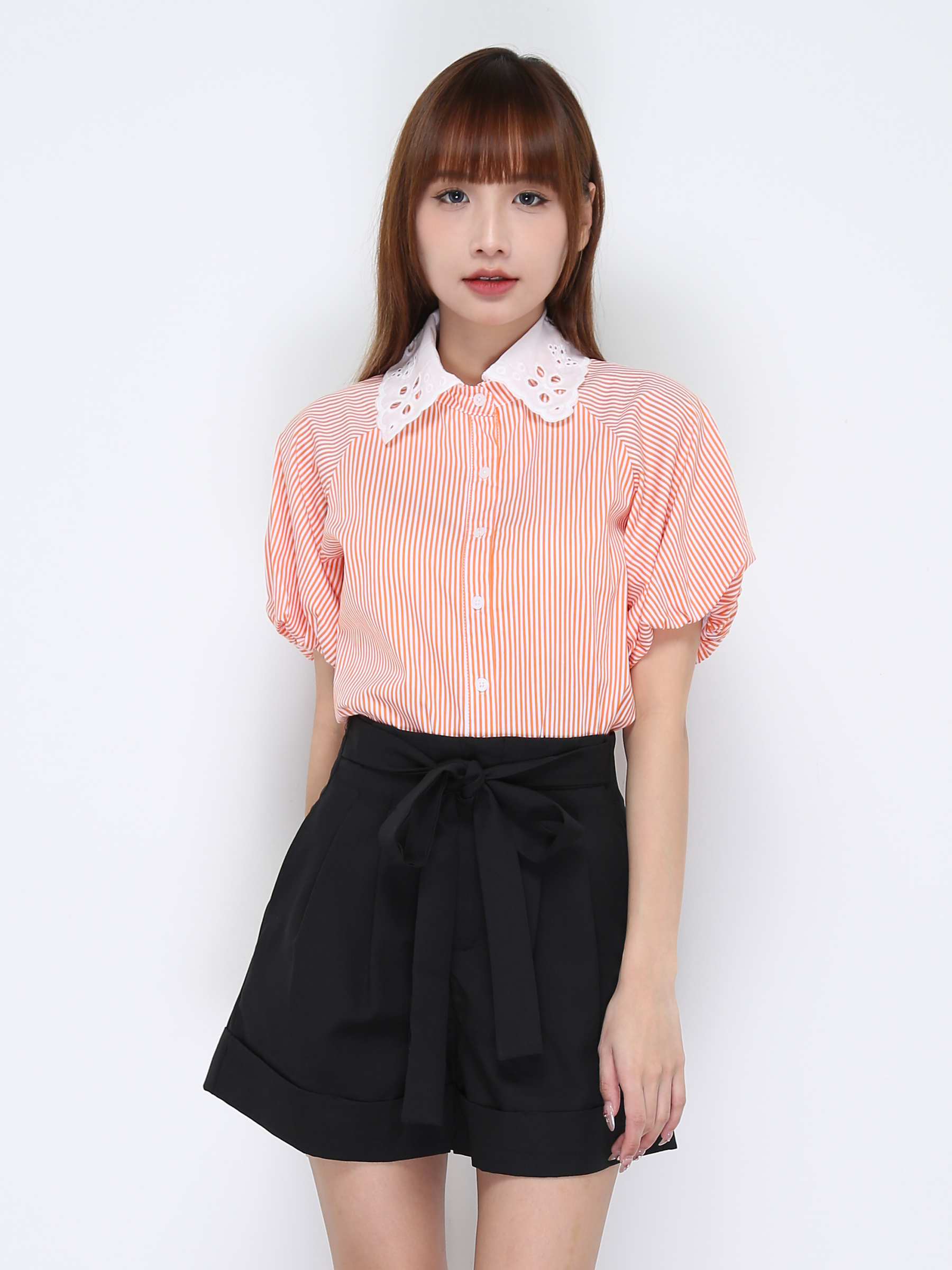 Lace Collar Front Button And Short Pant With Belt Set 20284