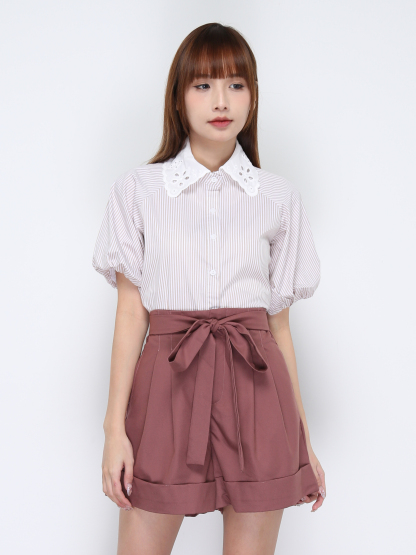 Lace Collar Front Button And Short Pant With Belt Set 20284