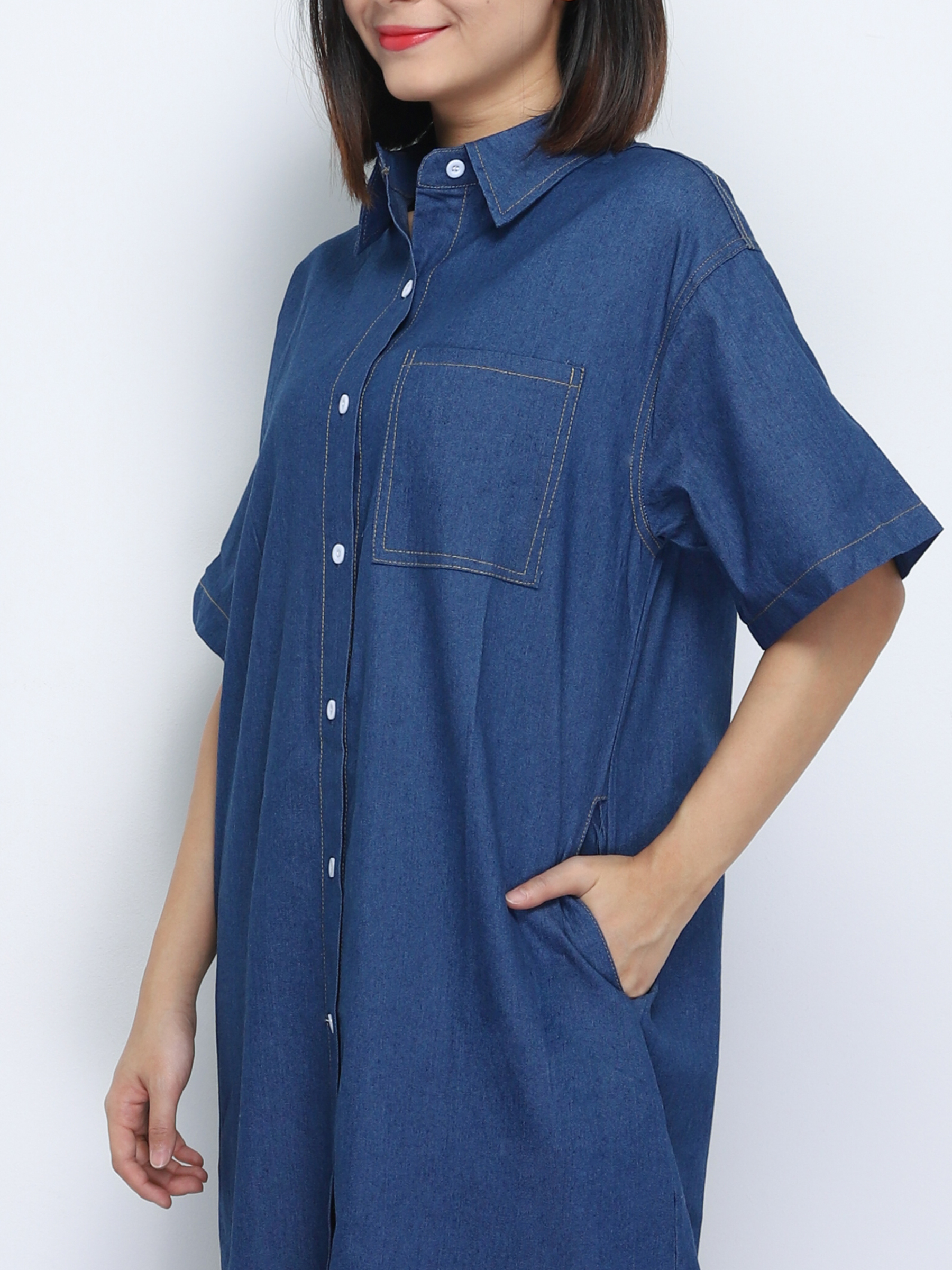 Denim Short Sleeve Dress With Belt 34702
