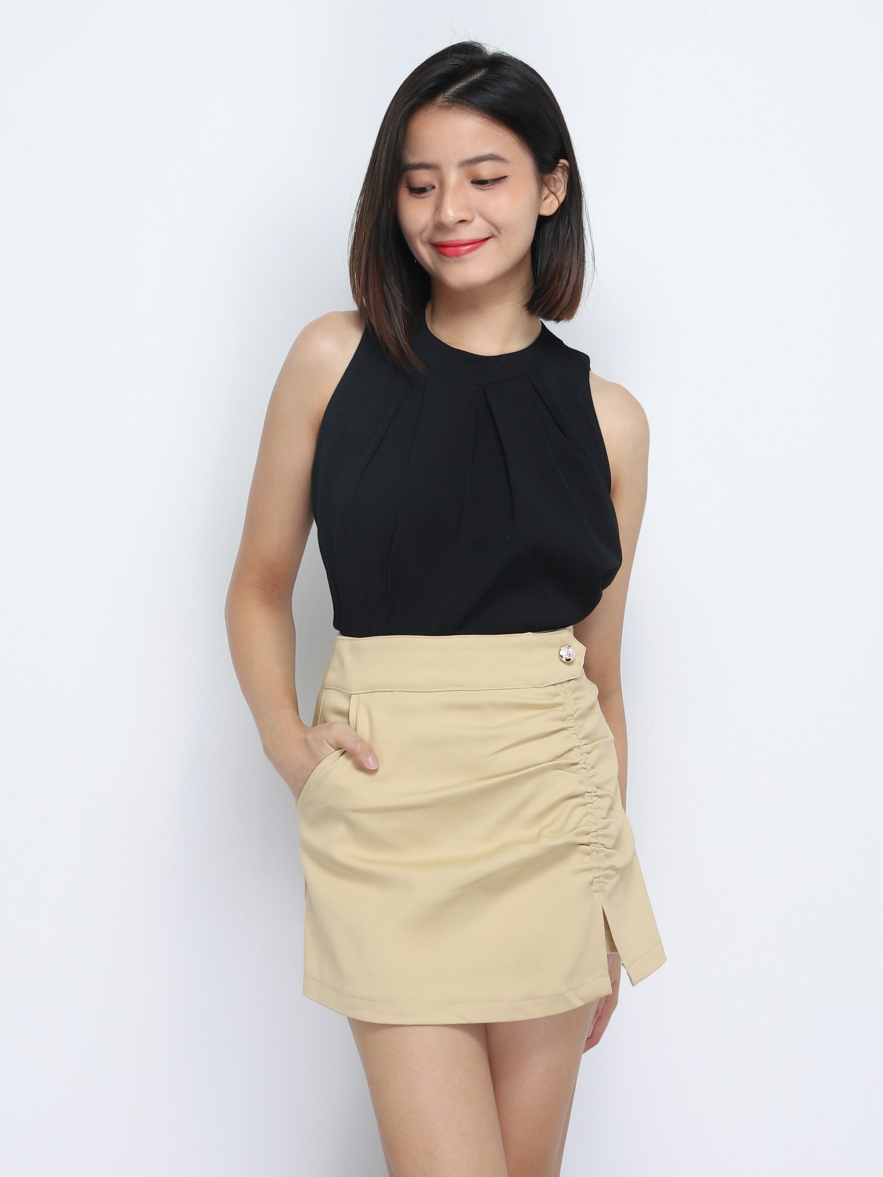 Back Zip Front Button Pleated Skirt Pant 34704