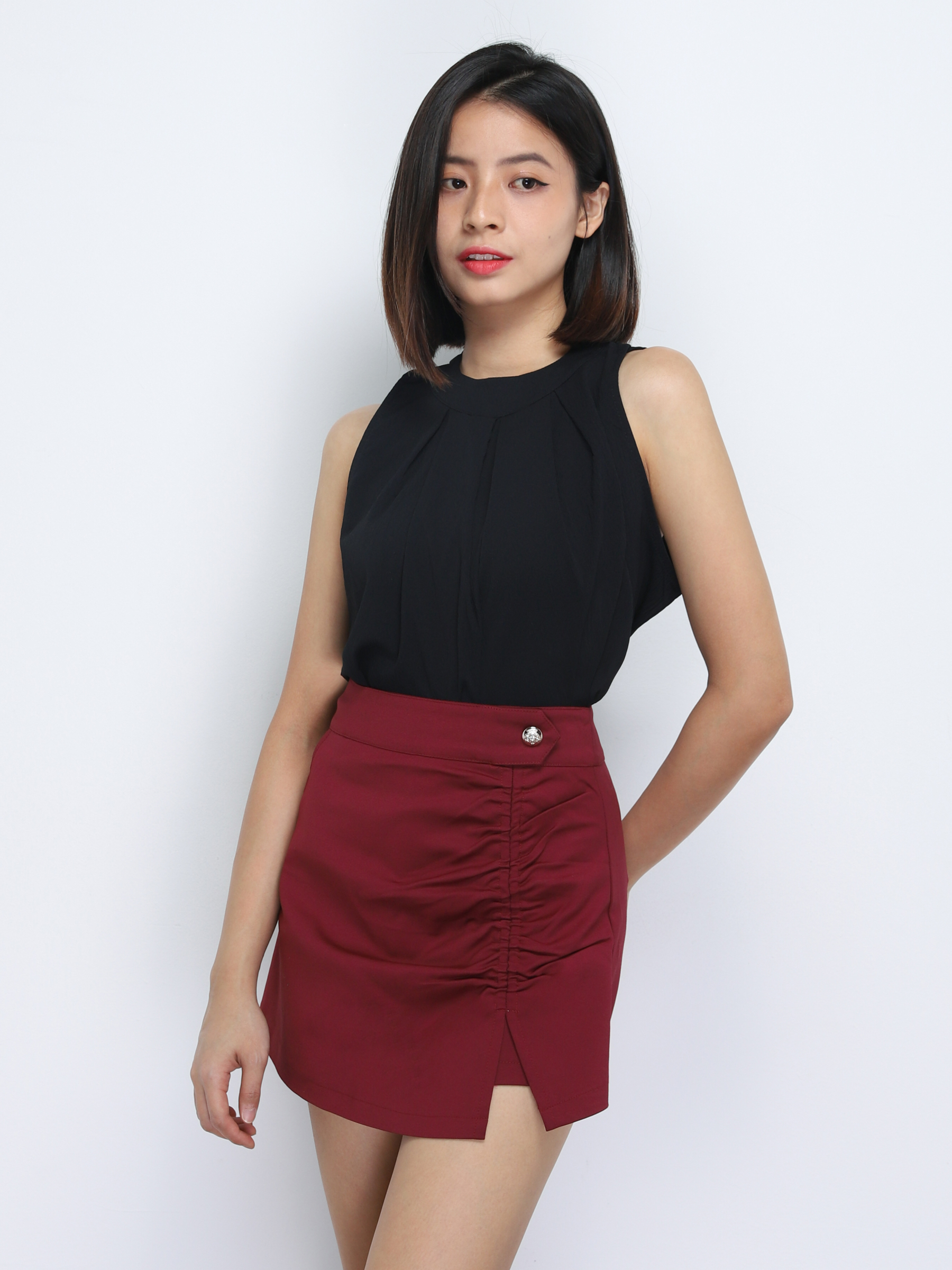 Back Zip Front Button Pleated Skirt Pant 34704