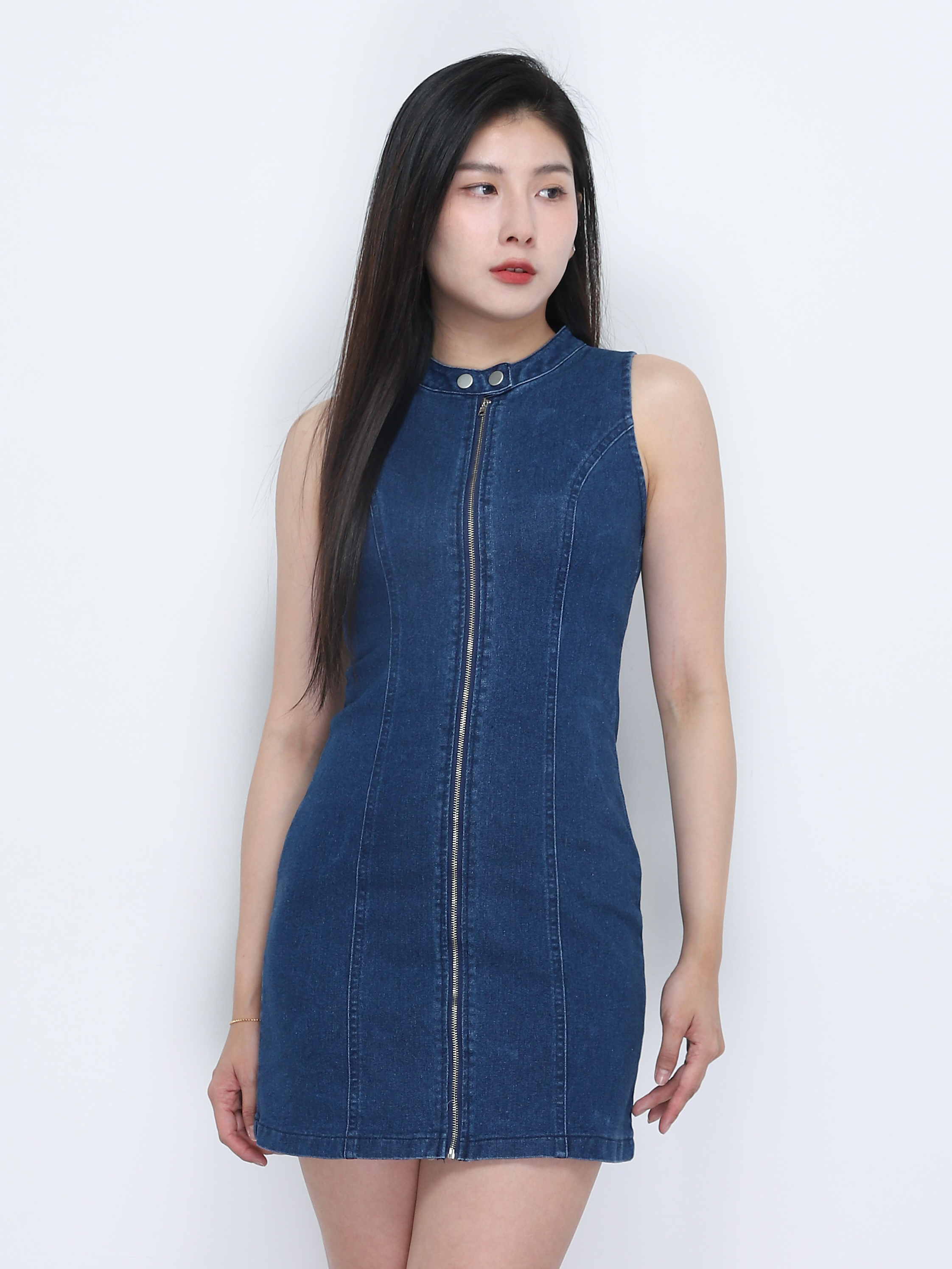 Denim Sleeveless Front Zip Dress 34741
