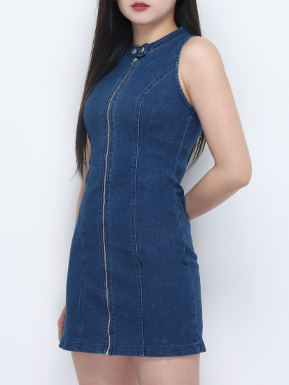 Denim Sleeveless Front Zip Dress 34741