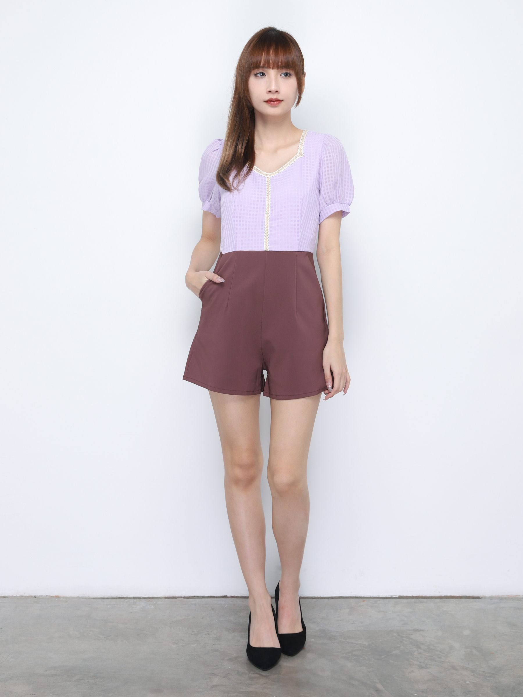 Two Tone V Neck Puff Sleeve Jumpsuit 20285