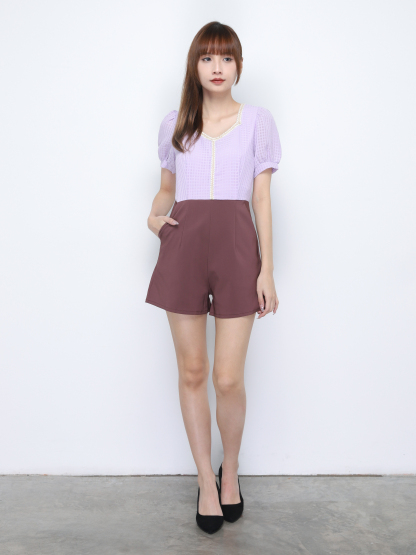 Two Tone V Neck Puff Sleeve Jumpsuit 20285