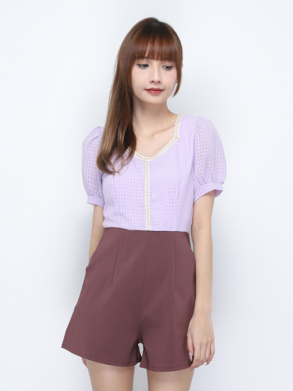 Two Tone V Neck Puff Sleeve Jumpsuit 20285