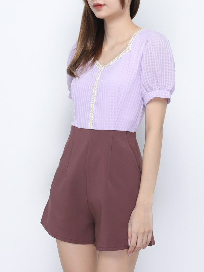 Two Tone V Neck Puff Sleeve Jumpsuit 20285