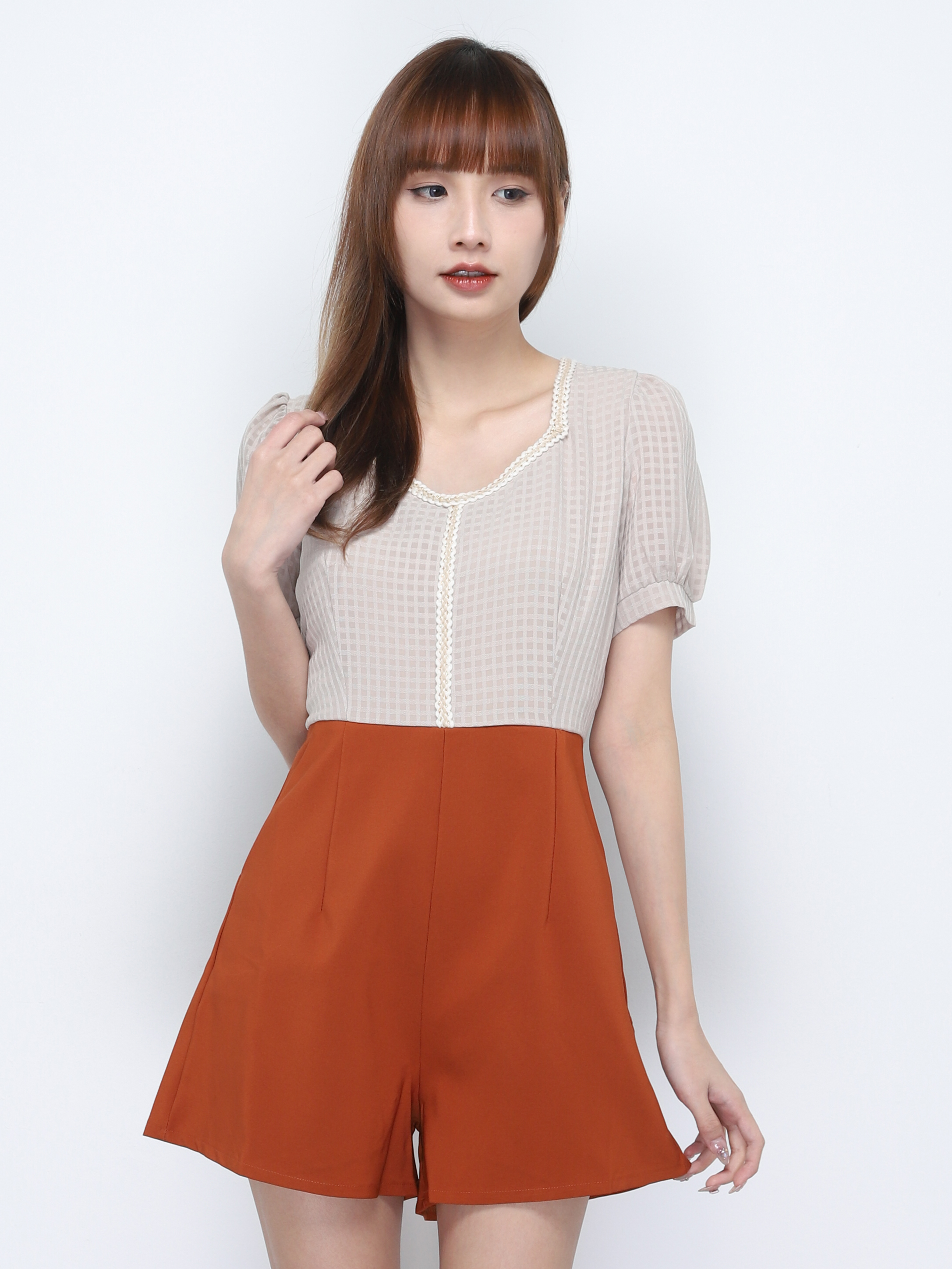 Two Tone V Neck Puff Sleeve Jumpsuit 20285